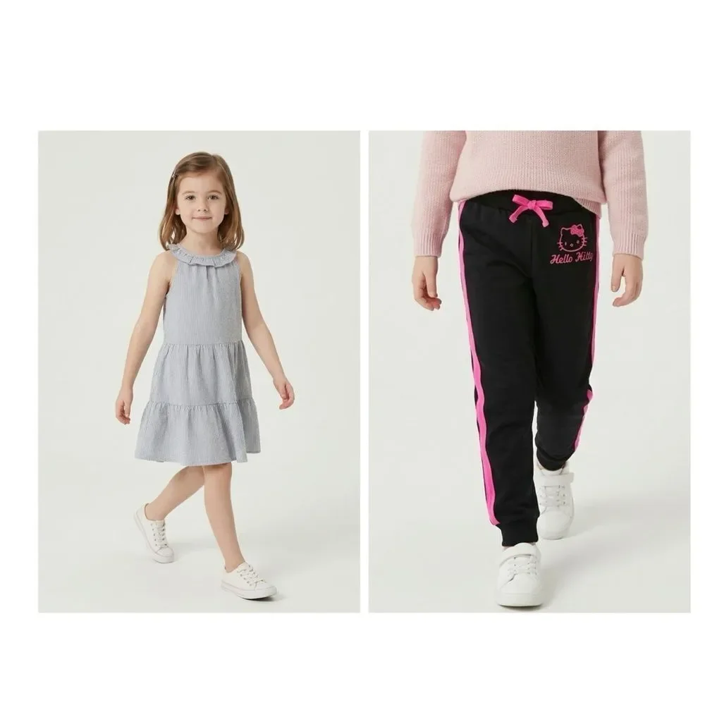 GUC- OshKosh Girls Blue White Sundress & Black Pink Hello Kitty Pants Size 5T
